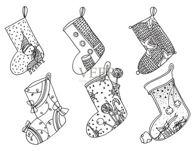 一套圣誕襪。矢量程式化的冬天襪子的集合。一整套裝飾圣誕絲襪。手工繪制的黑色和白色。涂鴉藝術(shù)矢量圖素材下載 - Veer圖庫(kù)